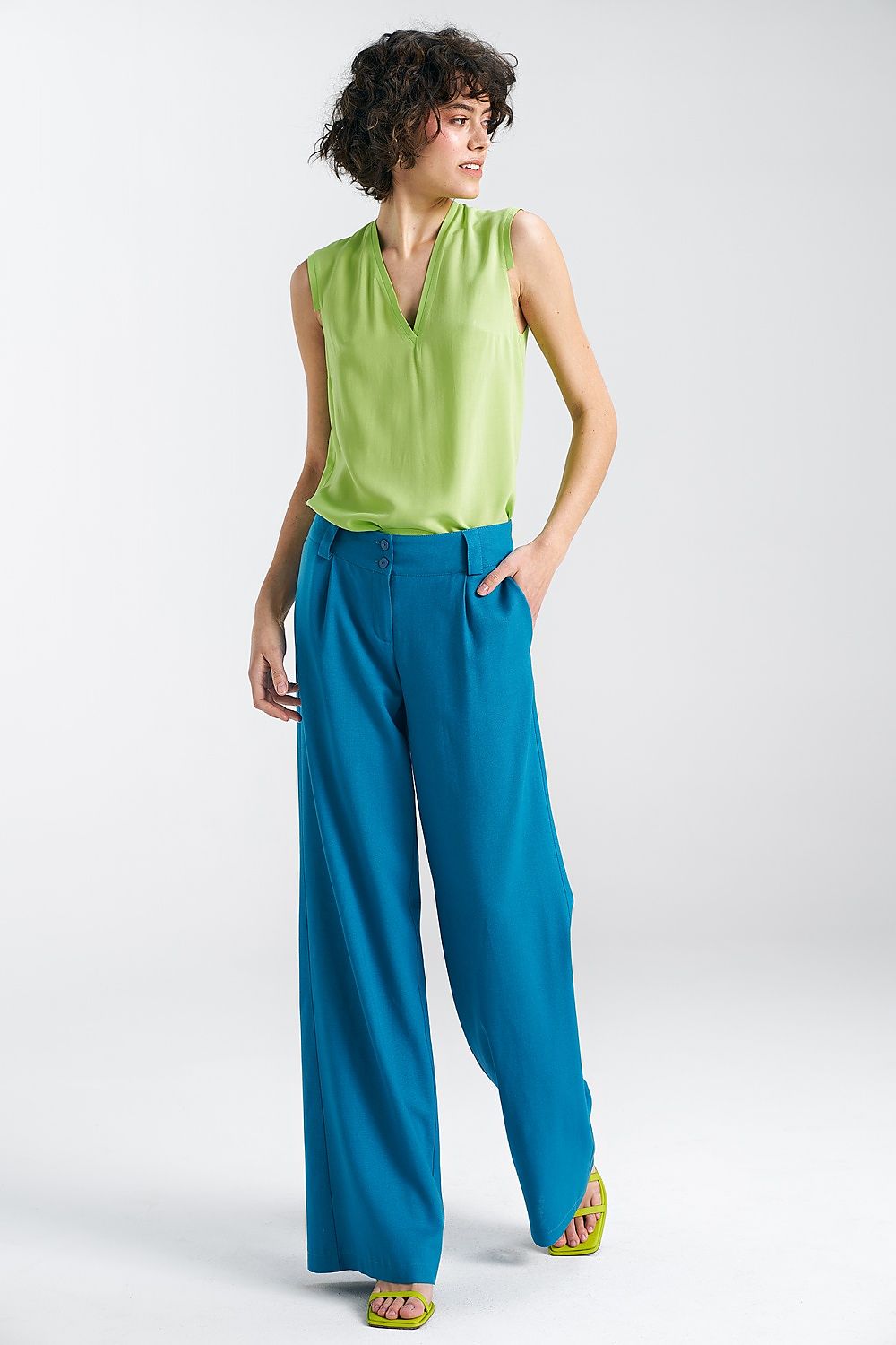   Spodnie lniane wide leg SD85 Blue - Nife 