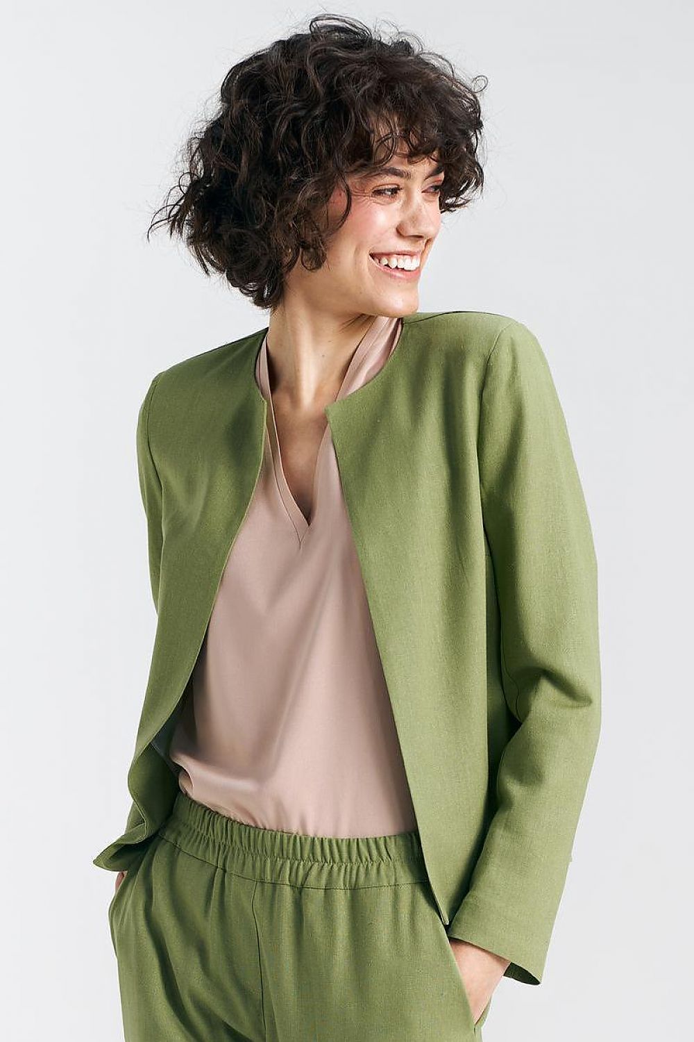   Żakiet typu chanel lniany Z54 Green Pistacjowy - Nife 