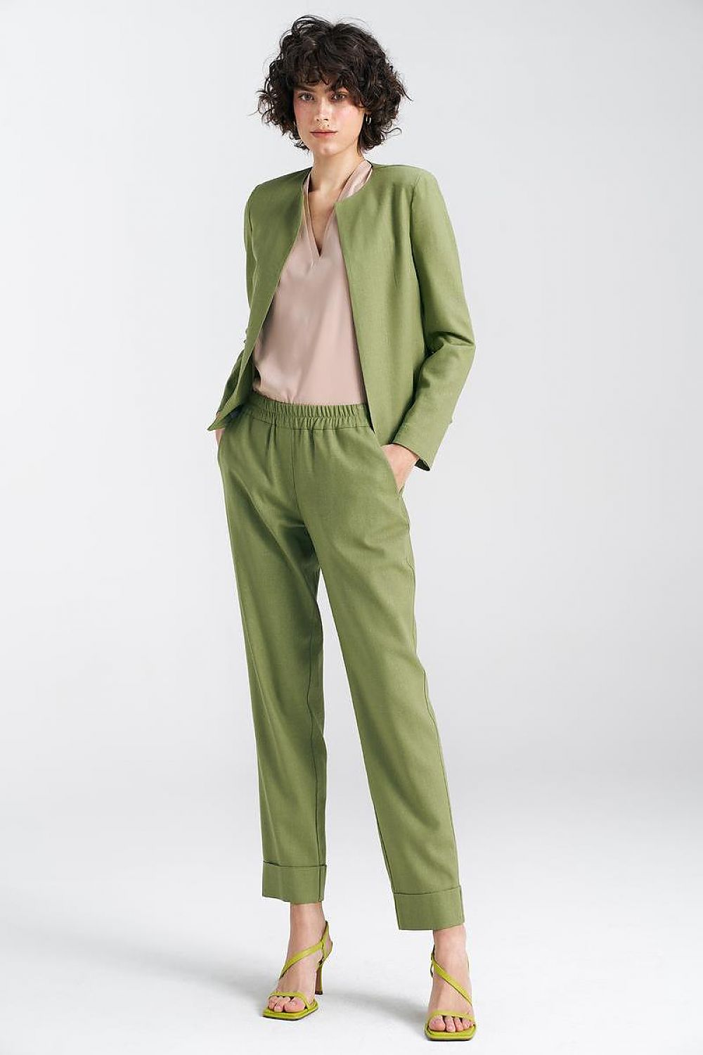   Żakiet typu chanel lniany Z54 Green Pistacjowy - Nife 
