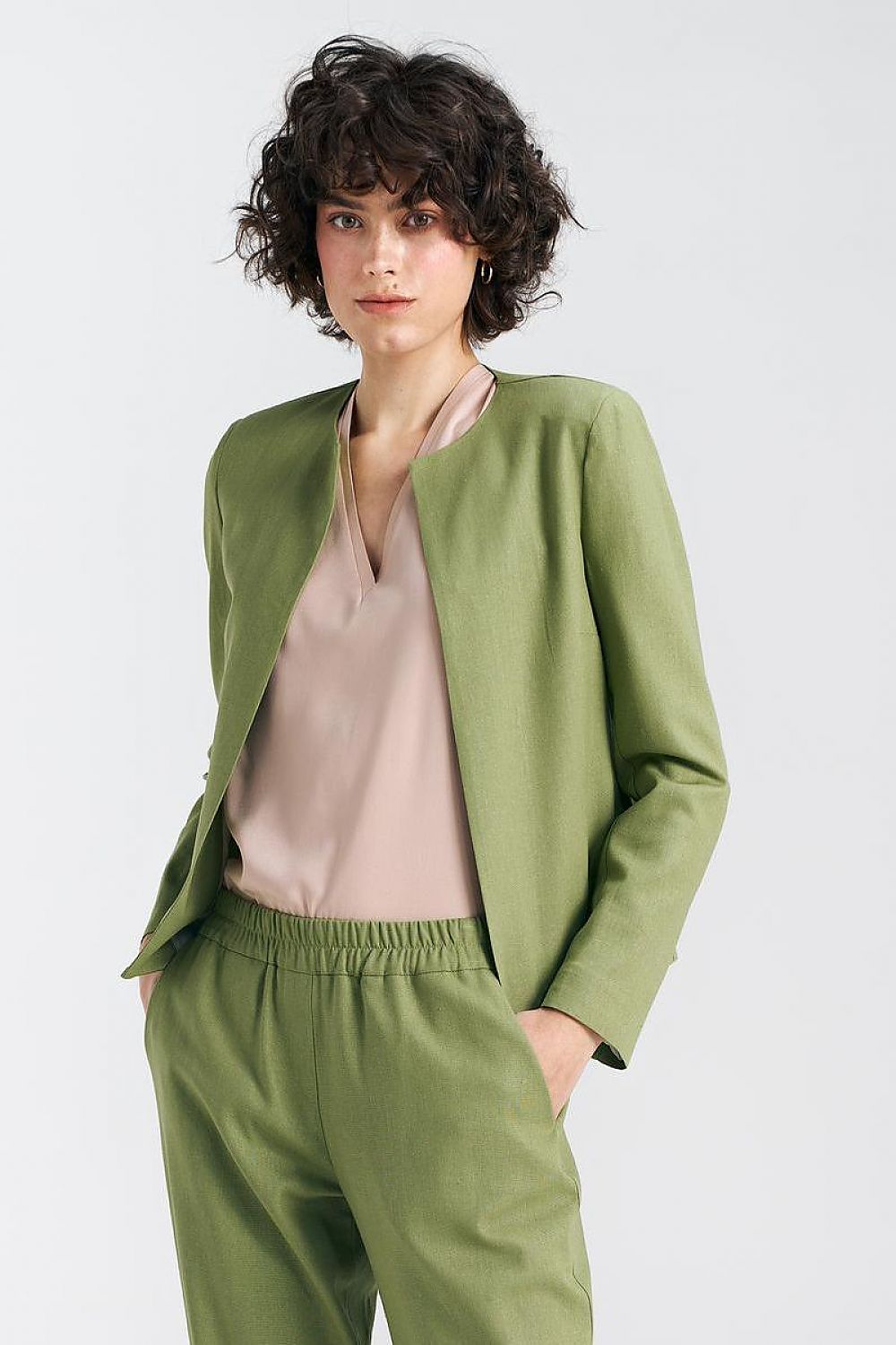   Żakiet typu chanel lniany Z54 Green Pistacjowy - Nife 