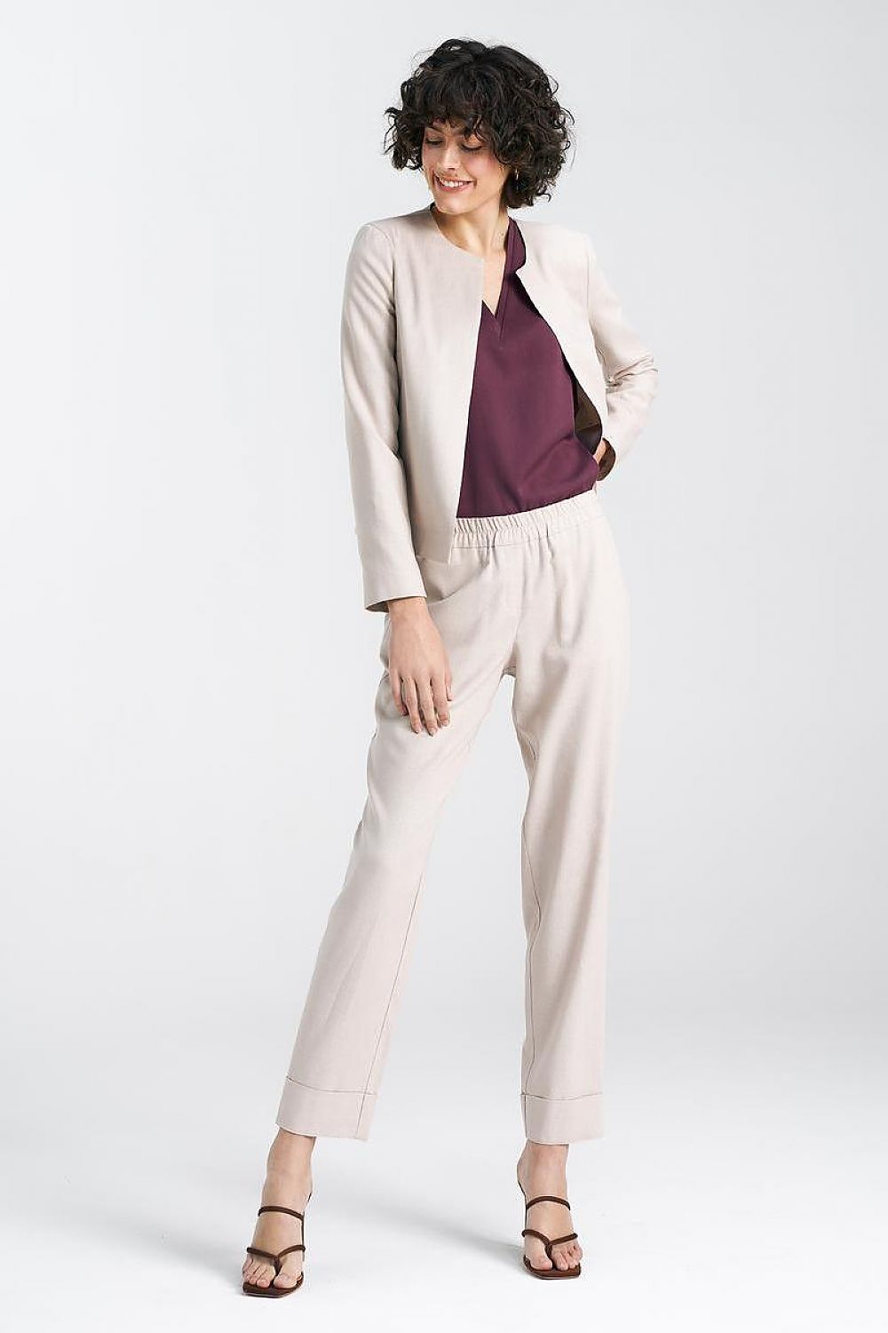   Żakiet typu chanel lniany Z54 Beige - Nife 