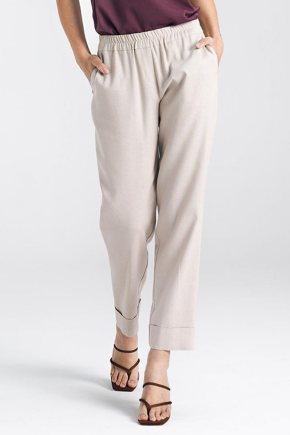  Spodnie lniane z gumką w pasie SD84 Beige - Nife 