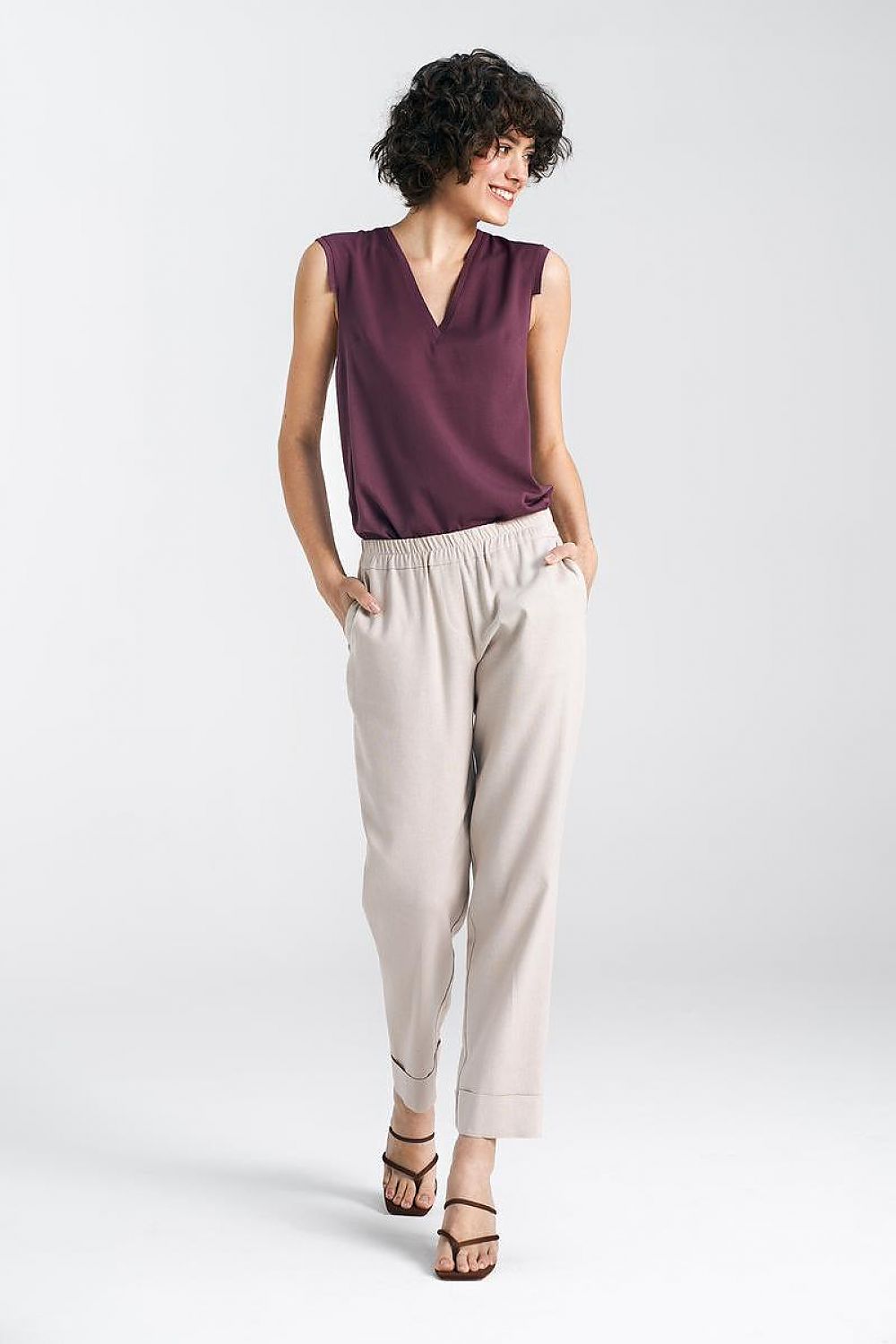  Spodnie lniane z gumką w pasie SD84 Beige - Nife 