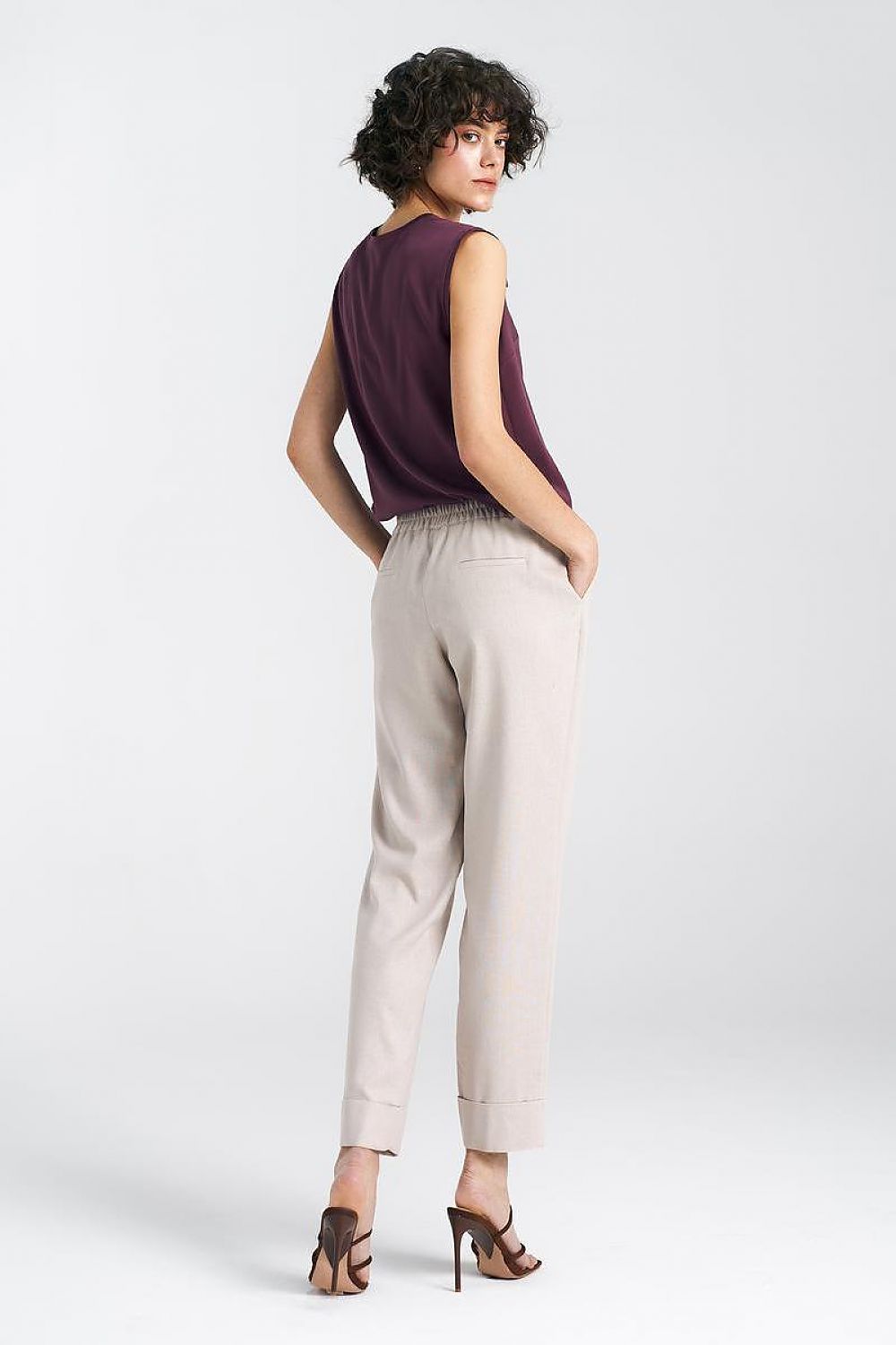  Spodnie lniane z gumką w pasie SD84 Beige - Nife 
