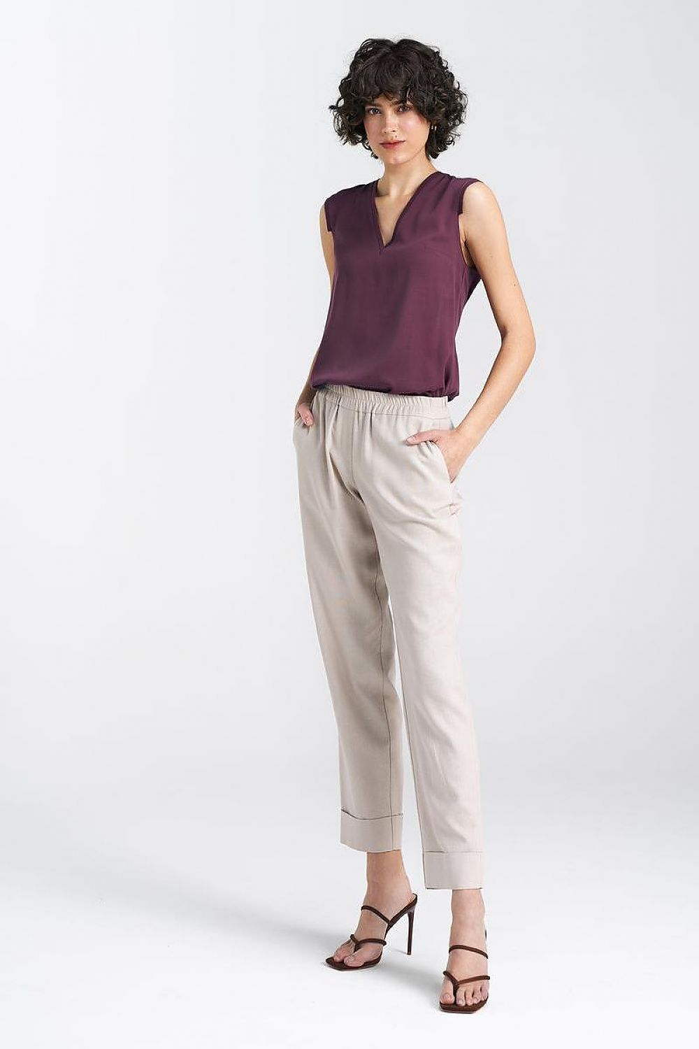  Spodnie lniane z gumką w pasie SD84 Beige - Nife 