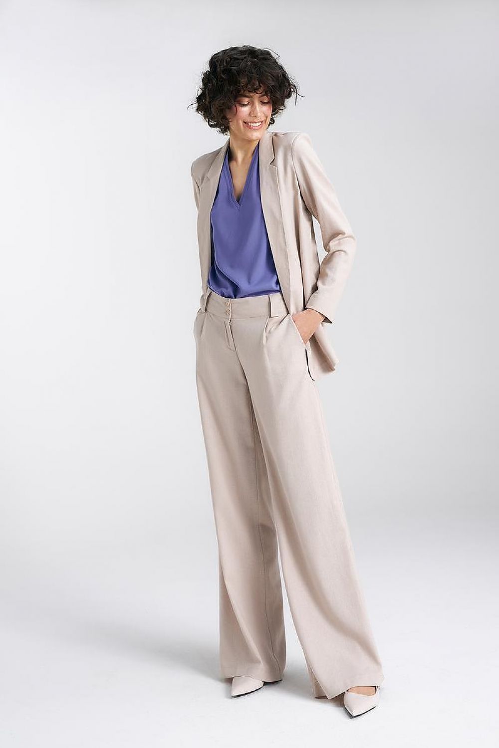   Spodnie lniane wide leg SD85 Beige - Nife 