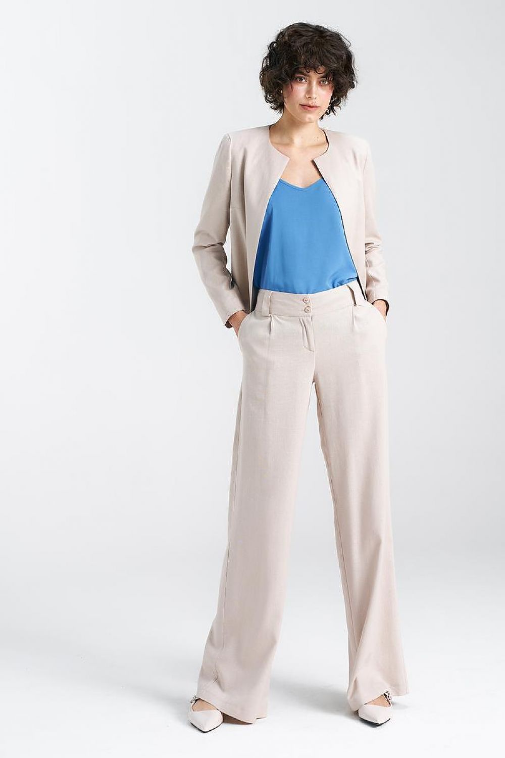   Spodnie lniane wide leg SD85 Beige - Nife 