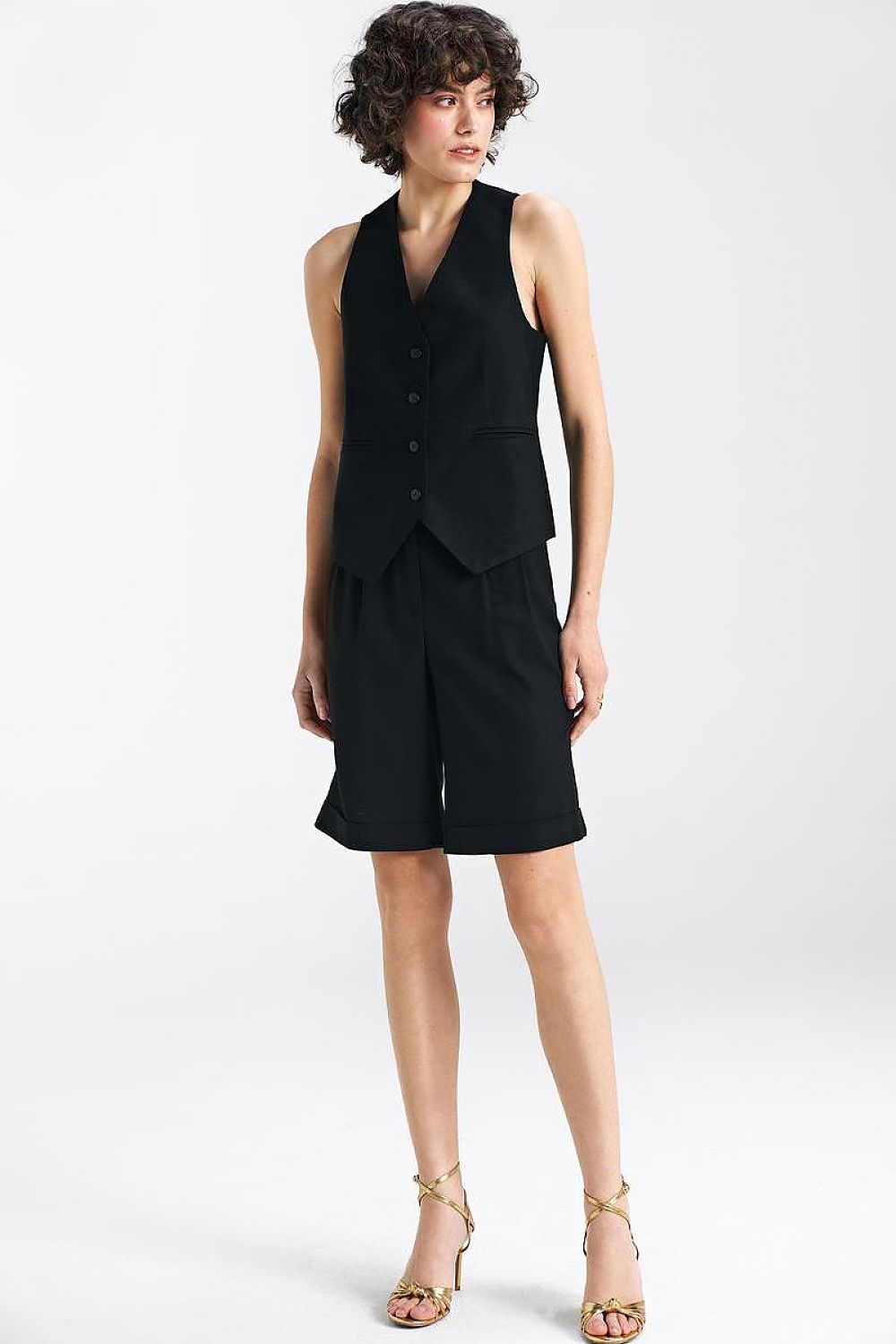   Krótkie lniane spodnie typu szorty SD86 Black - Nife 