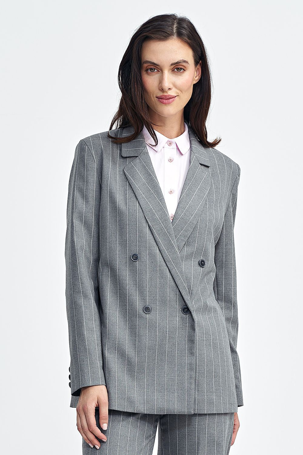   Marynarka oversize dwurzędowa prążek Z71 Grey - Nife 