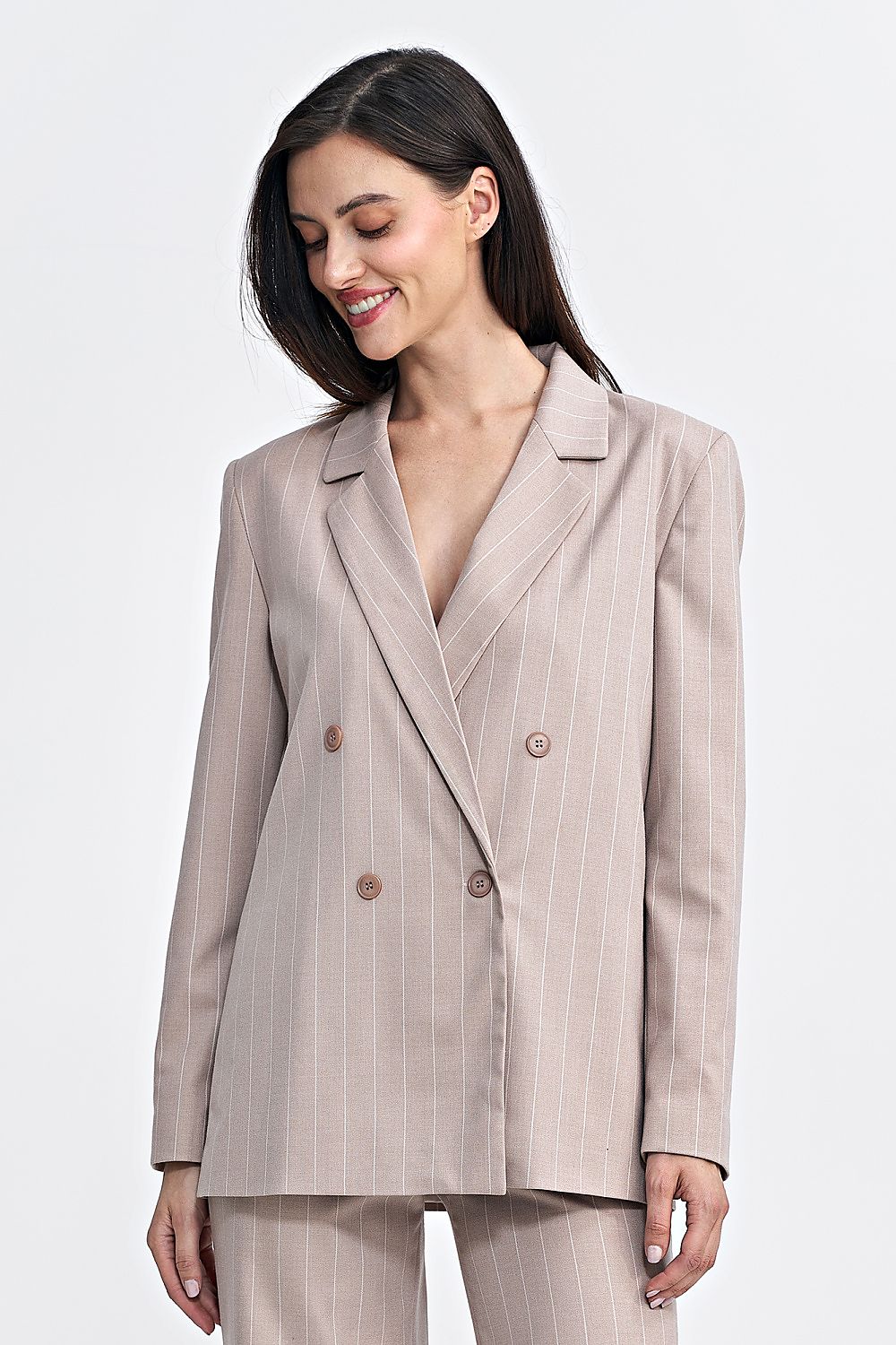   Marynarka oversize dwurzędowa prążek Z71 Beige - Nife 