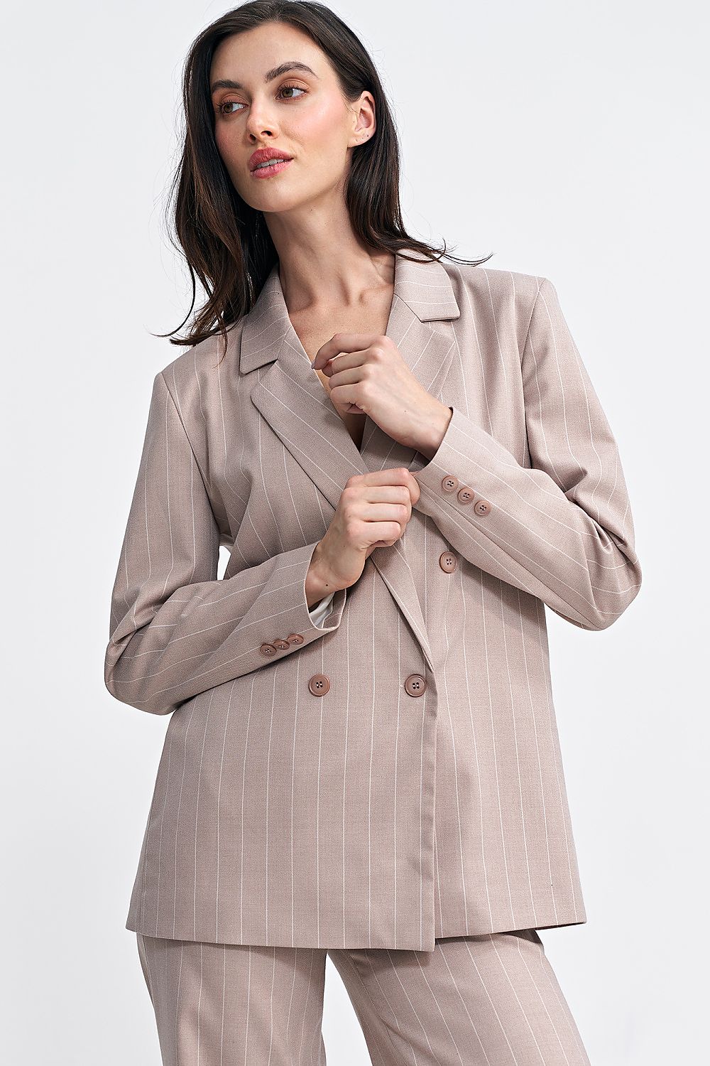   Marynarka oversize dwurzędowa prążek Z71 Beige - Nife 