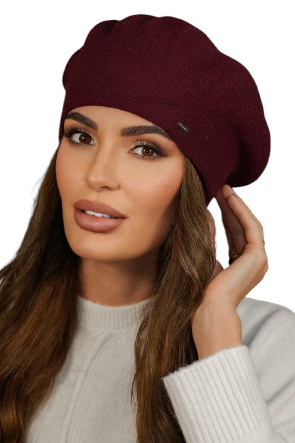   Beret Damski Zimowy Wełniany  Kolor  Bordo - Kiang - Kamea 