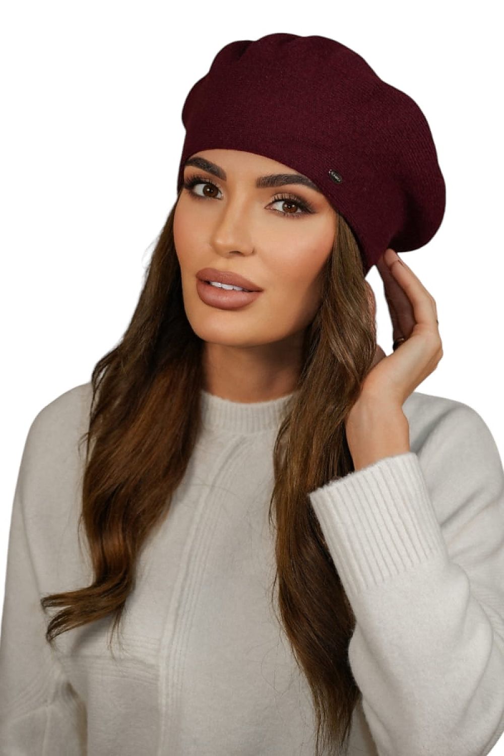   Beret Damski Zimowy Wełniany  Kolor  Bordo - Kiang - Kamea 