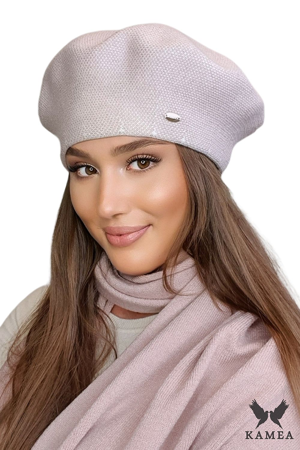   ARKADIA beret damski w pepitkę kolor różowy - Kamea 