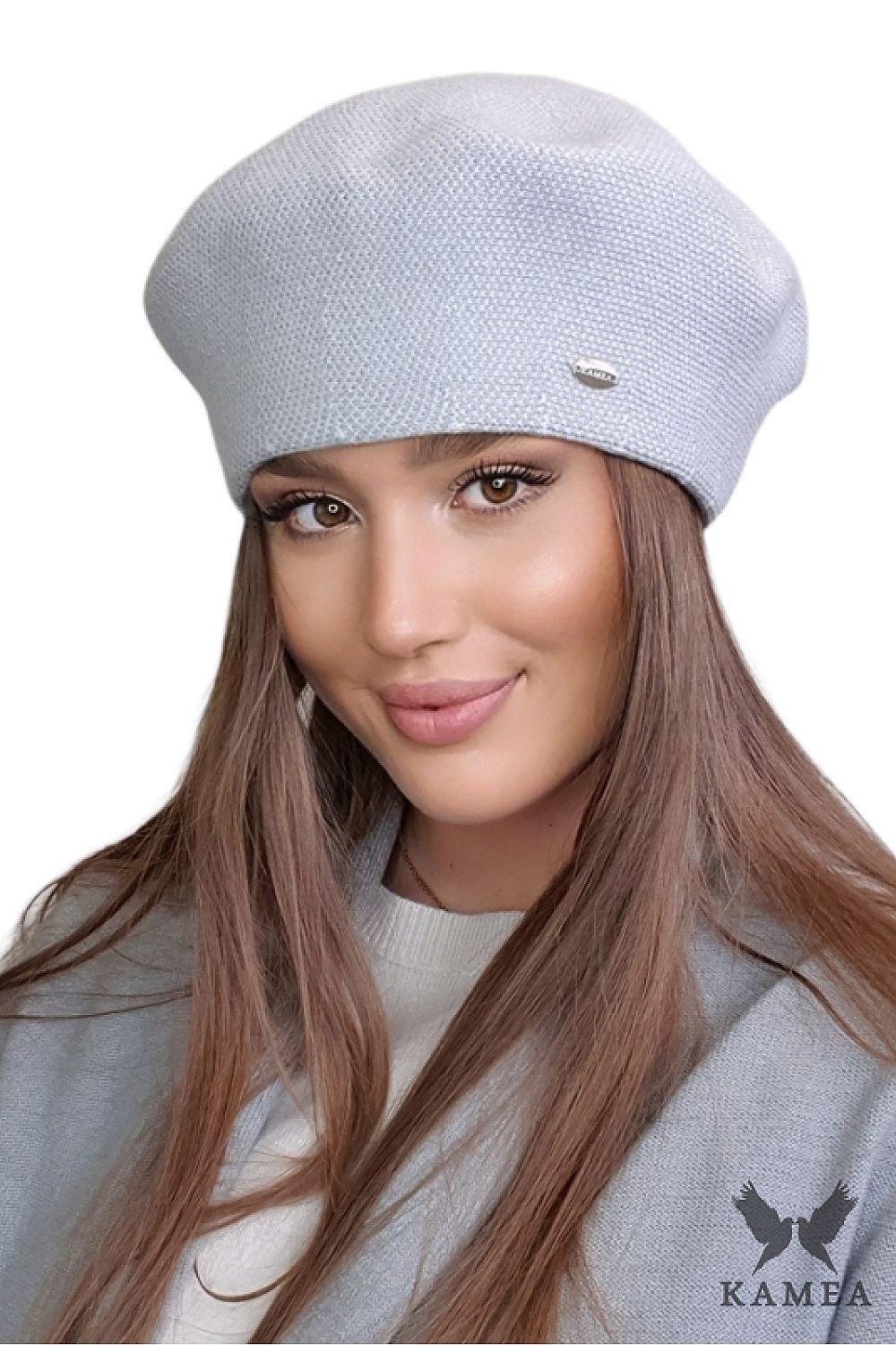   ARKADIA beret damski w pepitkę kolor szary - Kamea 