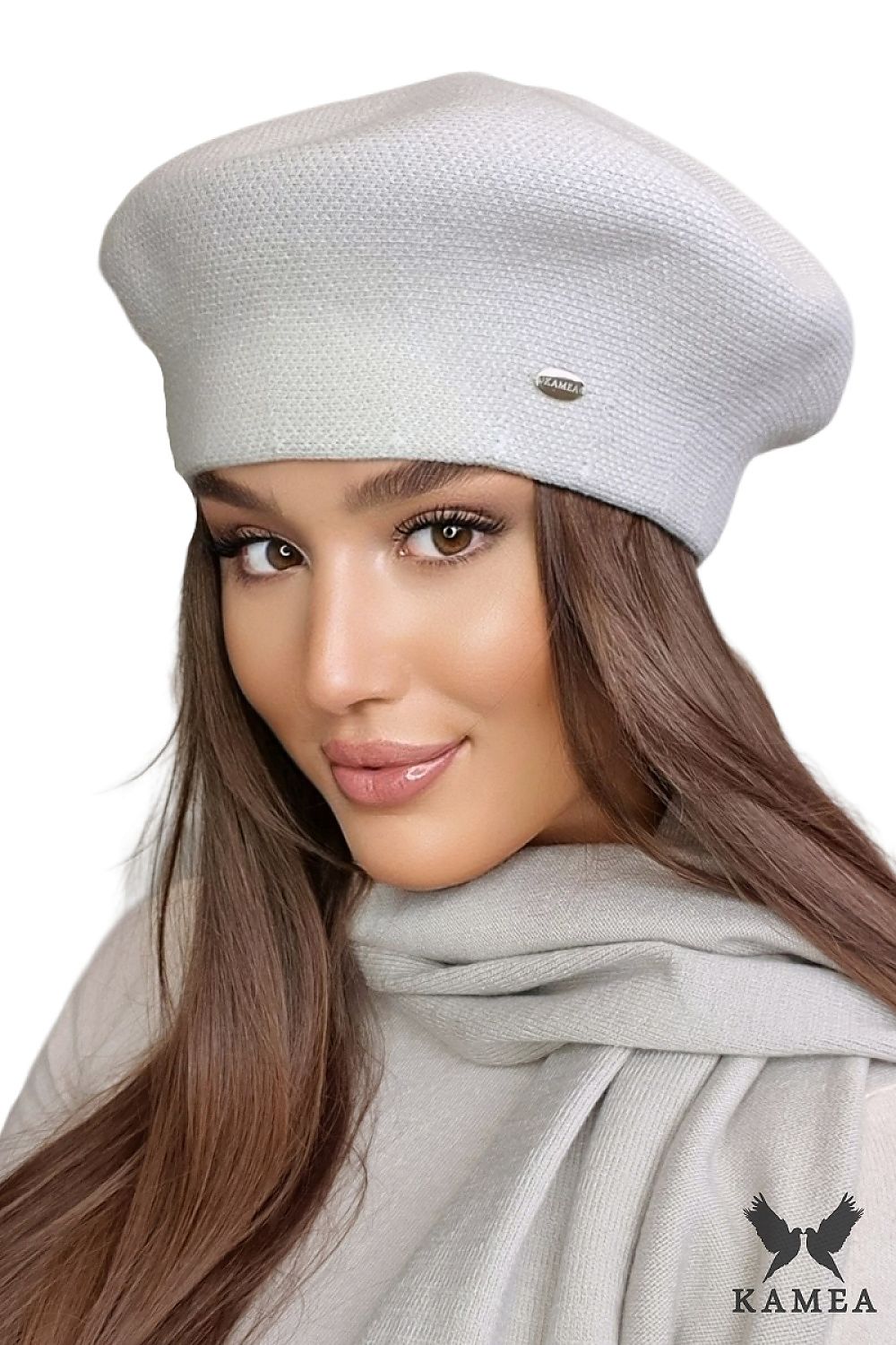   ARKADIA beret damski w pepitkę kolor beżowy - Kamea 