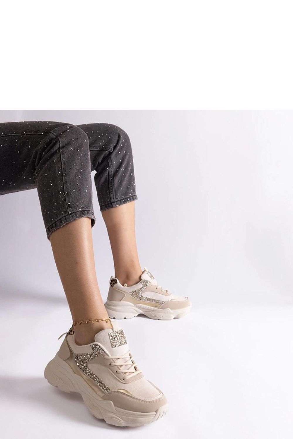   Beżowe sneakersy z brokatowymi wstawkami Clorinda - Solea 