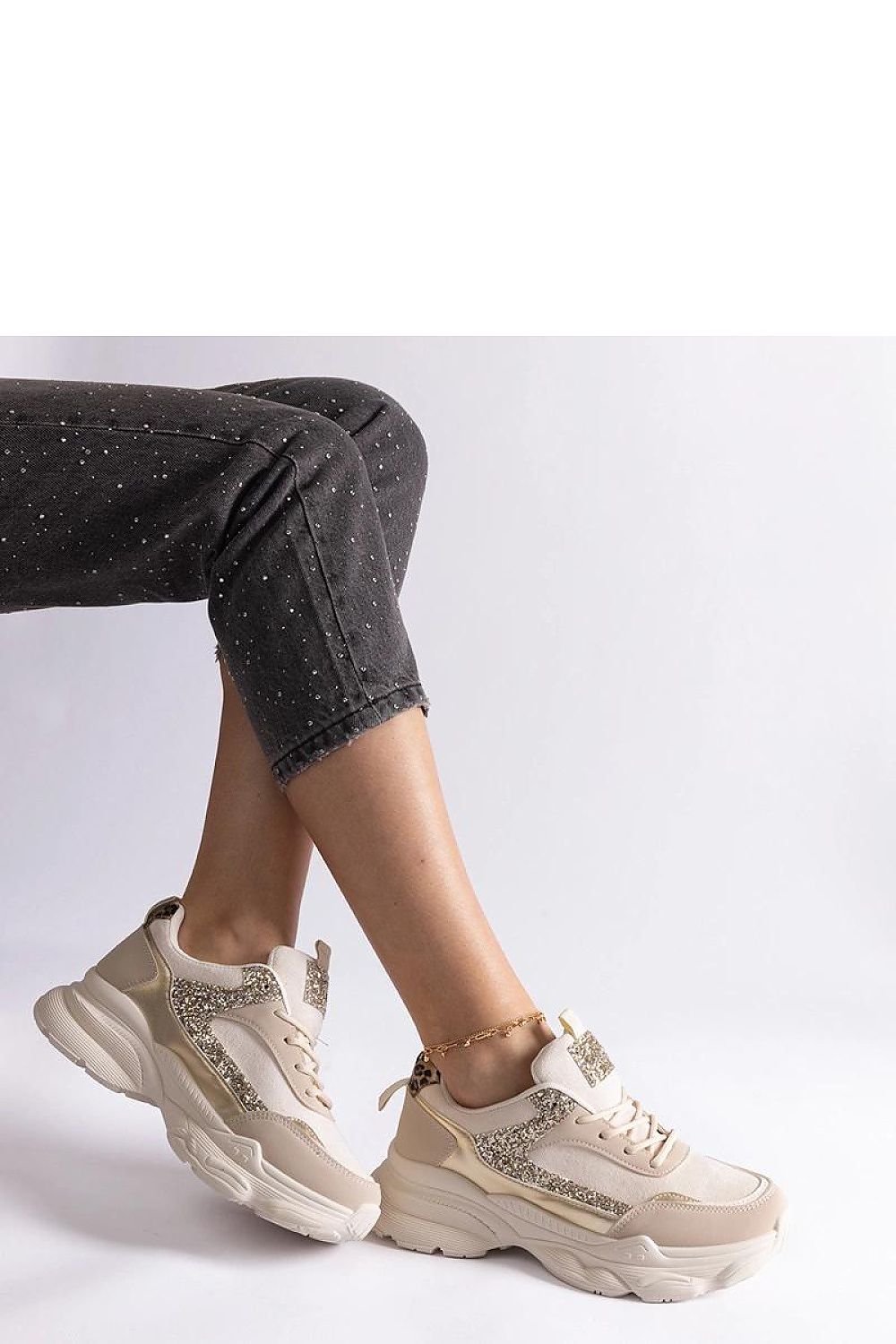   Beżowe sneakersy z brokatowymi wstawkami Clorinda - Solea 