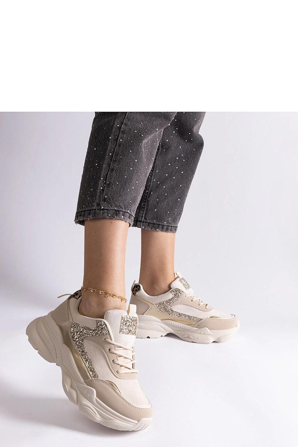   Beżowe sneakersy z brokatowymi wstawkami Clorinda - Solea 