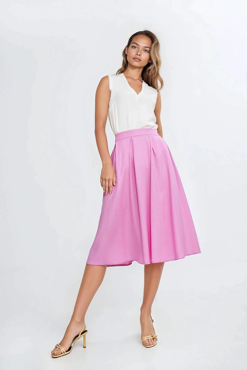  Spódnica midi z rayonu z zakładkami SP82 Pink - Nife 