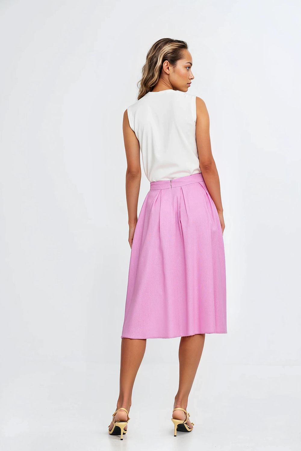  Spódnica midi z rayonu z zakładkami SP82 Pink - Nife 