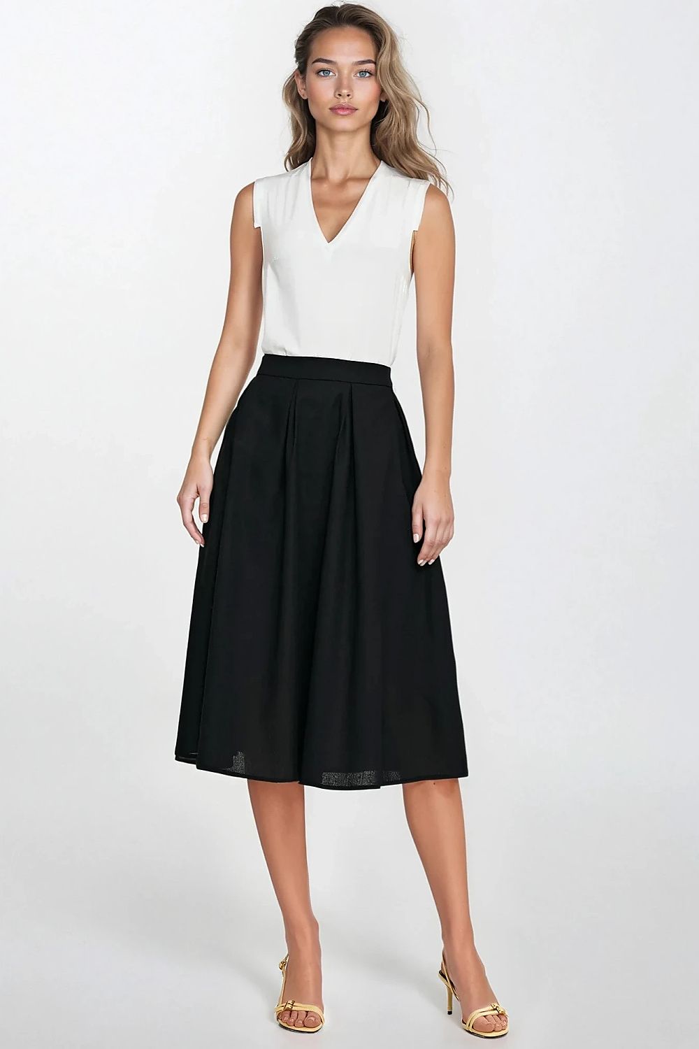  Spódnica midi z rayonu z zakładkami SP82 Black - Nife 